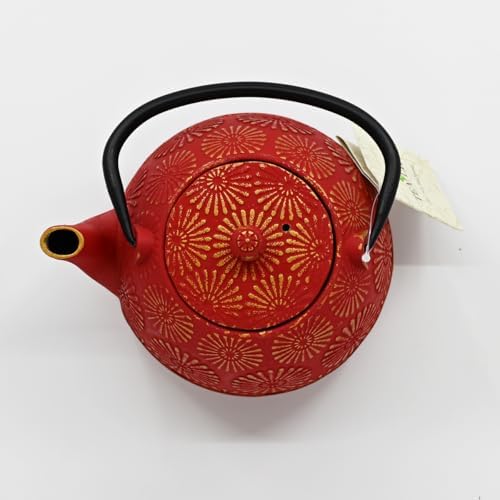 Urban Tokyo 40 fl oz Cast Iron Teapot Japanese Tetsubin Style Red With Gold Chrysanthemum Pattern Enamel Interior Stainless Steel Infuser Stovetop Safe 1200ml - Image 3