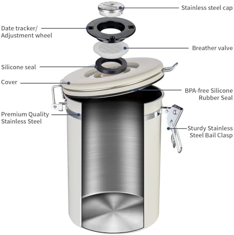 BERTILLE Stainless Steel Coffee Canister,22oz Kitchen Food Storage Container with Date-Tracker, CO2-Release Valve and Measuring Scoop for Grounds Coffee, Beans, Tea, Flour, Cereal, Sugar（Large,Cream） - Image 5