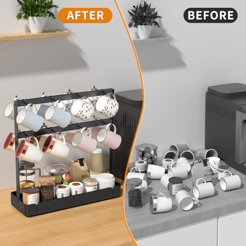 RCHYFEED 2 Tier Coffee Cup Holder with 16 Movable Hooks & Storage Basket - Image 2