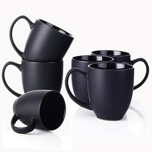 DOWAN Coffee Mugs, Black Coffee Mugs Set of 6, 16 oz Ceramic Coffee Cups with Large Handles for Men Women, Porcelain Big Mug for Tea Latte, Mug Gifts for Home Office Party by DOWAN