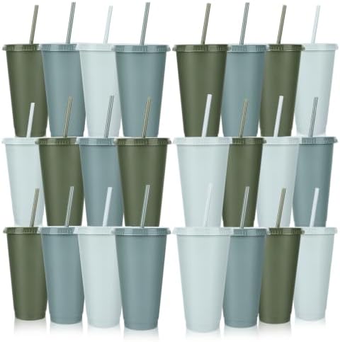 24 Pack Plastic Tumblers with Lids and Straws, Reusable Cups with Lids Plastic Colorful Cups for Parties Birthdays, Iced Coffee Cup Cold Drink Cups Bulk Tumblers (24 oz, Gradient Sage Green Colors) by LEIFEOSH