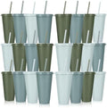 24 Pack Plastic Tumblers with Lids and Straws, Reusable Cups with Lids Plastic Colorful Cups for Parties Birthdays, Iced Coffee Cup Cold Drink Cups Bulk Tumblers (24 oz, Gradient Sage Green Colors) by LEIFEOSH