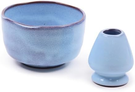 BambooMN Brand - Matcha Ceramic Set - Matcha Bowl and Whisk Holder - 10 Sets Shimmering Blue by BambooMN
