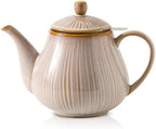 HVH 40 oz Porcelain Teapot with Stainless Steel Infuser, Ceramic Tea pot with Infuser for Loose Tea, Enough For 6 Cups, Striped Series (Sand Color) by HVH