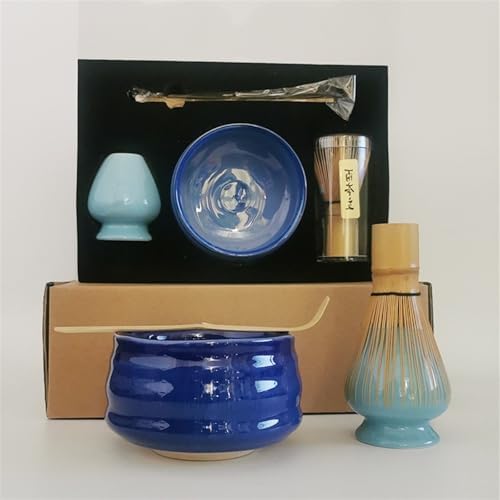 LUNCHS Matcha Whisk Set 4-piece Set Matcha Kit Ceramic Matcha Bowl and Bamboo Teaspoon Matcha Whisk and Bowl Handmade Make(Blue) by lunchskins