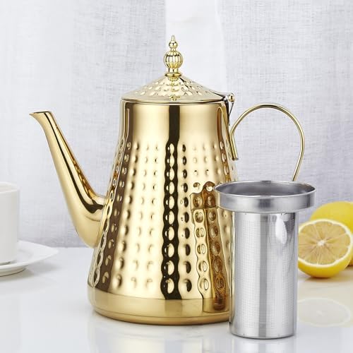 SANQIAHOME 1.8L(60oz) Stainless Steel Hammer Patterned Teapot With Removeable Infuser,Loose leaf cover,Gold - Image 3