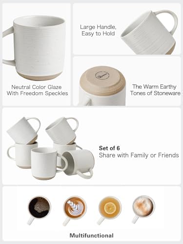 Kanwone Coffee Mugs 16oz, Stoneware Mugs Set, Ceramic Coffee Cups with Handle for Latte, Hot Tea, Cappuccino, Cocoa, Housewarming Wedding Gift, Microwave and Dishwasher Safe, Set of 6, Neutral White - Image 3