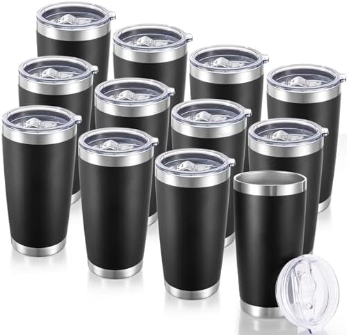 20 oz Tumblers Bulk Stainless Steel Tumbler with Lid Double Wall Vacuum Insulated Coffee Mug 20oz Powder Coated Cup for Hot and Cold Drinks, Black, 12 pack by CoolYoleb