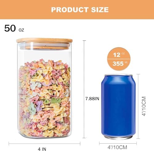 50oz Glass Food Storage Jars Set of 6,Glass Storage Containers Clear Glass Food Canister with Bamboo Lid Airtight For Serving Tea, Coffee, Flour, Sugar, Candy, Cookie, Spice and More (Square) - Image 3