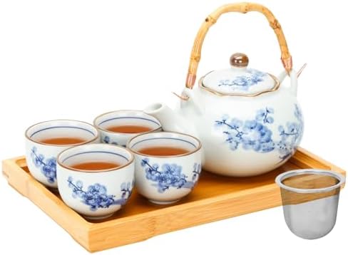 Japanese Tea Set Porcelain Tea Set with Teapot and Tea Cup Set for 4, Blue and White Tea Sets for Adults with Stainless Infuser and Bamboo Tray, Asian Tea Set for Tea Lovers/Women/Men (Plum & Bamboo) by BEOZINZ
