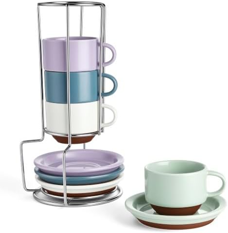 Sweese 2.5 oz Stackable Coffee Cups with Saucers and Metal Stand Set of 4 by Sweese