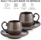 LYEOBOH 3 Ounce Espresso Cups and Saucers Set of 6, Ceramic Small Coffee Cups with Metal Holder and Spoons, Cute Demitasse Cups for Tea, Espresso, Latte, Cafe Mocha, Brown - Image 3