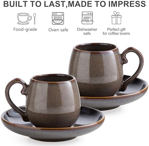 LYEOBOH 3 Ounce Espresso Cups and Saucers Set of 6, Ceramic Small Coffee Cups with Metal Holder and Spoons, Cute Demitasse Cups for Tea, Espresso, Latte, Cafe Mocha, Brown - Image 3