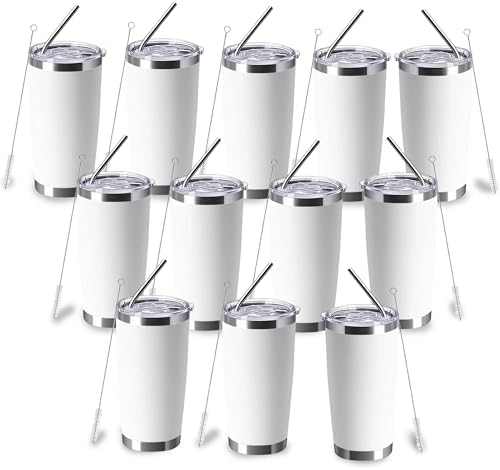 20oz insulted tumblers stainless steel cup Tumbler Bulk with push Lid, and metal straw powder coated coffee cup for cold and hot drinking (12, white) by Unknown