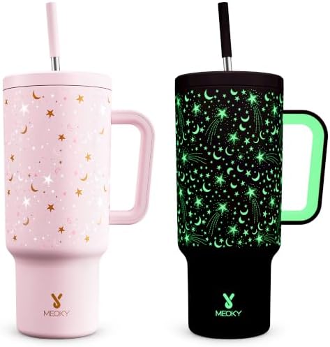 Meoky 40 oz Tumbler with Handle and Straw: Glow in the Dark Tumbler with Lid and Straw - Stainless Steel Insulated Tumbler for Car Cup Holders - Travelers Commuters Workers (1 Pack, Starry Sky) by MEOKY