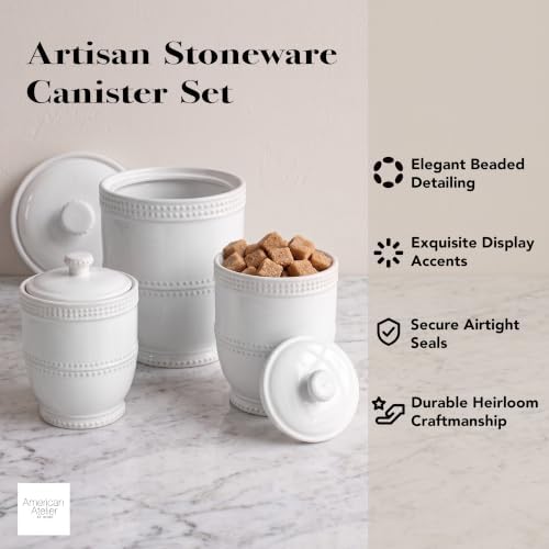 American Atelier Round Ceramic Canister Set Lids Bianca Bead, White 3 PC - Image 2