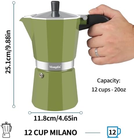 Mongdio Stovetop Espresso Maker Moka Pot, Stove Top Cuban Coffee Maker, Italian Greca Mocha Pot, 12 Espresso Cups, 20 oz - Green - Image 6