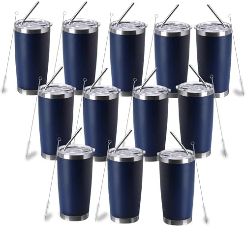 20oz insulted tumblers stainless steel cup Tumbler Bulk with push Lid, and metal straw powder coated coffee cup for cold and hot drinking (12, navy blue) by Unknown