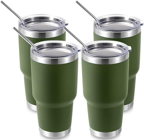 Volhoply 30oz Insulated Tumbler with Lid and Straw, Double Wall Inner & Outer 304 Stainless Steel Tumblers Bulk, Powder Coated Coffee Cup for Office, Home, Travel (Army Green,4 Pack) by LiveFully%EF%BC%8CDrinkFreely%E2%80%94KeepGoingwithVolhoply%EF%BC%81