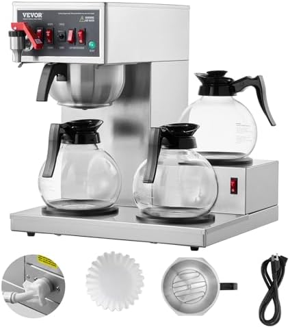 VEVOR 12 Cups Commercial Drip Coffee Maker, Coffee Maker Machine with 3 Glass Carafes and 3 Warmer Plates, Stainless Steel Pour Over Coffee Brewer with Auto Water Intake, for Restaurant Office Cafe by VEVOR