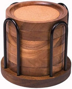 Wood Coasters for Drinks with Metal Holder, Wooden Coaster with Cork for Tabletop Protection, Drink Coasters for Coffee Table, Desk, 4.33 Inch, Set of 6 (Medium Size) by Unknown