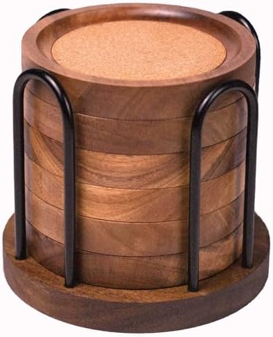 Wood Coasters for Drinks with Metal Holder, Wooden Coaster with Cork for Tabletop Protection, Drink Coasters for Coffee Table, Desk, 4.33 Inch, Set of 6 (Medium Size) by Unknown
