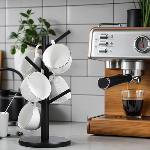 6-Hook Coffee Mug Tree Stand, Wooden Freestanding Cup Organizer, Black - Image 3