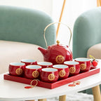 Chinese Wedding Tea Set, Red Porcelain Teapot, 8 Cups, Tray and Gift Box - Image 2