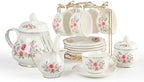Sweejar 23 Pcs Floral Tea Sets with Metal Holder, Relief Gold Rim Porcelain Tea Sets for Adults, Cup and Saucer Set for 6, with Teapot, Sugar Bowl, Milk Jug, Spoons (Rose Flower) by Sweejarco1949
