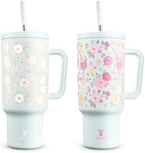 Meoky UV Color-Changing Tumbler: 40 oz Tumbler with Handle and Straw- Stainless Steel Insulated Tumbler for Car Cup Holders - Travelers Commuters Workers (1 Pack, Camellia) by MEOKY