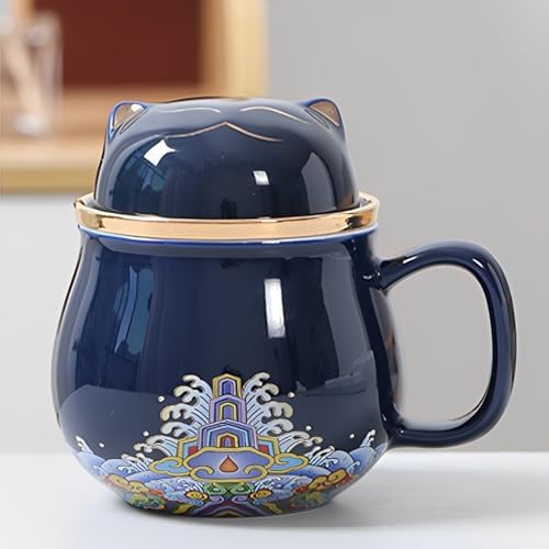 SHELFLOVER Beautiful Tea Mug Portable, White Porcelain Easy to Clean Keep Tea Hot Long, Easy Carried Travel/Office/Home Drink, Cute Cat, Dark Blue, 10oz - Image 7