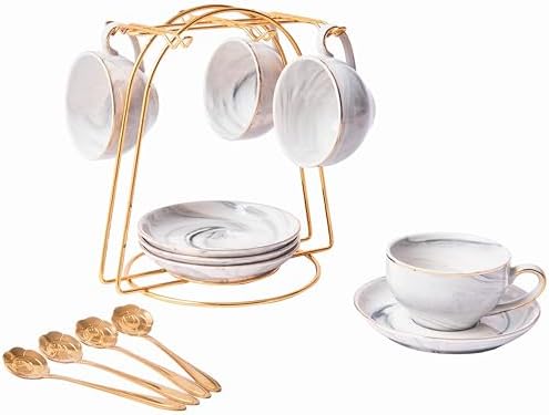 Ceramic Espresso Cups Set with Saucers and Metal Stand, 4 oz Porcelain Stackable Cappuccino Cups Teacup For Tea, Espresso, Latte, Coffee, Cafe Mocha（Gray） by ZPGXLRZ