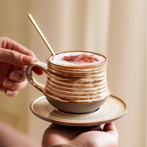 6.8oz 210ml Ceramic Mug Saucer Set Home Wabi Sabi - Image 5