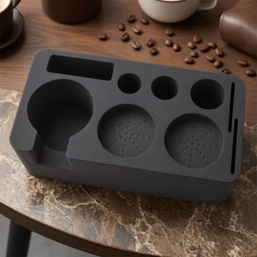 Non-Slip Coffee Tamper Kit Organizer | Silicone pressing Mat with Portafilter Stand, pressing Station with Slots, for home use, Baristas, Black - Image 3