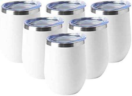 HASLE OUTFITTERS 12oz Wine Tumbler with Lid Stemless Wine Glasses Double Wall Vacuum Travel Mugs stainless steel Coffee Cup for Cold & Hot Drinks Wine Coffee Cocktails Beer 6 Pack White by HASLEOUTFITTERS