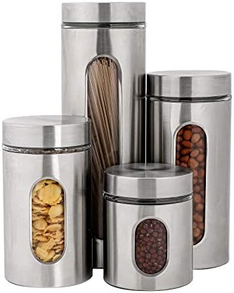 PENGKE Canisters Set,4 Piece Silver Stainless Steel Canister Set with Glass Windows,Perfect for Kitchen Canning Cereal,Pasta,Sugar,Beans,Spice by PengKe