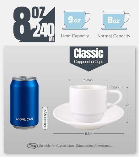 Lareina 3-Ounce Espresso Cups Set of 4 & 8 Ounce Porcelain Cappuccino Cups Set of 4, Stackable Coffee Cups with Saucers, Spoons and Metal Stand, White - Image 7