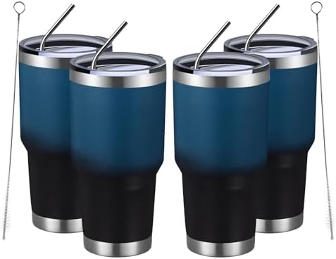 MEWAY 30oz Insulated Tumbler With Lids and Straws,Stainless Steel Double Vacuum Coffee Tumbler Cup, Brush, Durable Powder Coated Coffee Cup for Cold & Hot Drinks, Office, Travel(Blue Black,4 PACK) by MEWAY