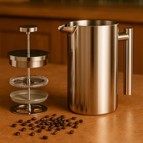 Red Ember Stainless Steel French Press 1L Cafetiere – Double Wall Insulated Coffee Maker, Unbreakable & Rust-Proof with 3-Layer Filter for Smooth, Rich Brew – Ideal for Home, Camping & Gifts - Image 2