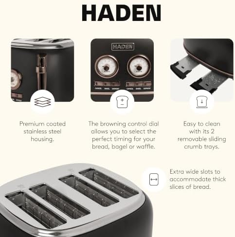Haden Dorset 4 Slice Wide Slot Stainless Steel Bread Toaster, Black/Pewter - Image 3