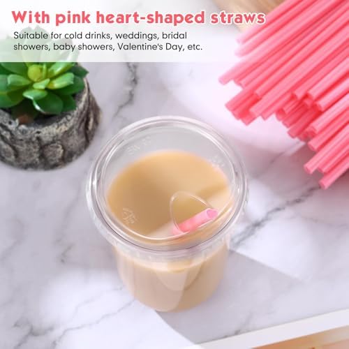Ziliny 100 Sets Plastic Cups with Pink Heart Straws and Lids, Clear, 16 oz - Image 5