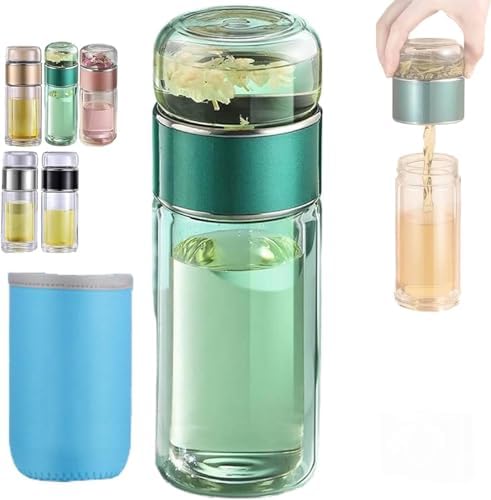 Double Glass Tea Infuser Bottle with Filter & Lid, 3-in-1 Smart Tea Infuser,Portable 3-in-1 Tea Maker for Loose Leaf, Hot or Cold Ready. (Green,420ml) by Unknown