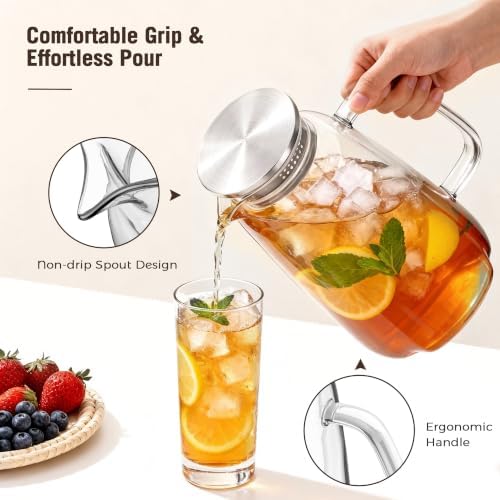 2 Pack Glass Pitcher with Lid and Handle for Fridge, Iced Tea and Coffee Carafe Beverage Serveware, 2 Liters/68 oz Heat Resistant Borosilicate Water Jug for Hot/Cold Drinks - Image 3