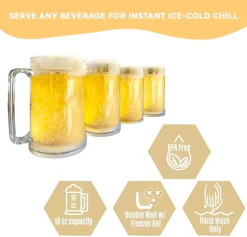 Lily's Home Freezer Beer Mugs with Handles, 16 oz Set of 4 – Clear Frosted Double Wall Insulated Acrylic, Gel-Filled, Break-Resistant for Home Bar, Pool Parties, BBQ & Outdoor - Image 6