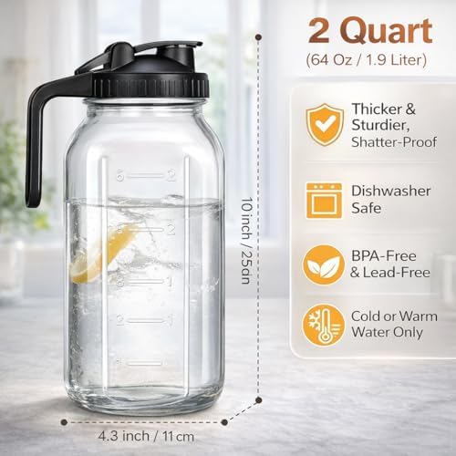 64oz Glass Pitcher with Handle and Flip Lid, Leak-Proof Seal, 3 Pack Mason Jar Pitchers, Suitable for Iced Tea, Juice, Milk, Iced Coffee, Pink - Image 2