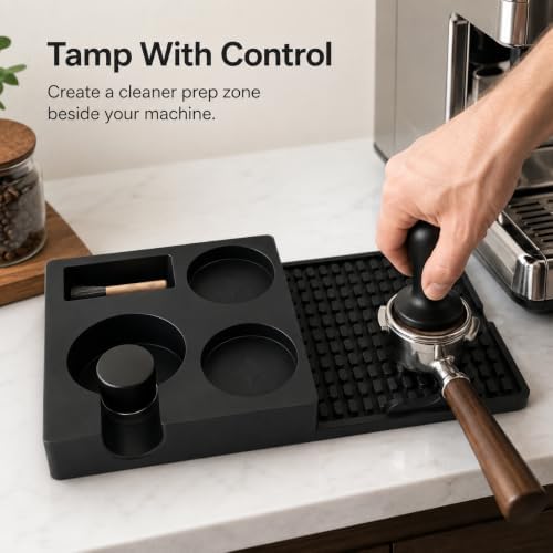 Espresso Tamping Station Mat with Tool Organizer, Silicone Coffee Tamper Mat with 70mm Portafilter Rest, Dual 60mm Holders, Drainage Outlet, Black, 12.4 x 6.2 in - Image 3