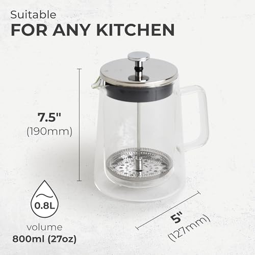 Kaffe Glass French Press Coffee Maker (27oz / 0.8L) - Double-Wall Insulated Borosilicate Glass Coffee Press - Travel & Camping - Homemade French Press Coffee - Image 5