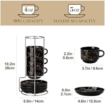 MALACASA 4 OZ Porcelain Espresso Cups with Saucers and Metal Stand Set of 4, Stackable Cappuccino Cups, Marble Black Expresso Shots Cup Set for Coffee Drinks, Latte, Tea - Image 2