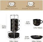 MALACASA 4 OZ Porcelain Espresso Cups with Saucers and Metal Stand Set of 4, Stackable Cappuccino Cups, Marble Black Expresso Shots Cup Set for Coffee Drinks, Latte, Tea - Image 2