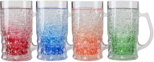 Lily's Home Insulated Double Wall Gel-Filled Acrylic Frosted Freezer Beer Glasses, Great for Enjoying Brews at BBQs and Parties, Clear with Assorted Color Bases (14 oz. Each, Set of 4) - Mug Shape by LilysHome